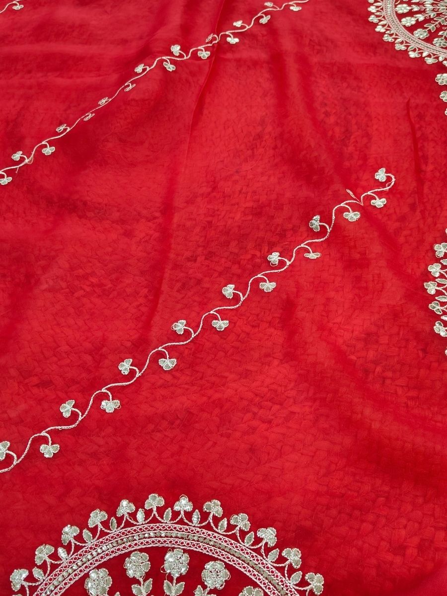 RED TISSUE PITA WORK SAREE