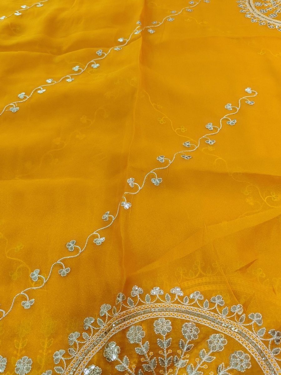 YELLOW TISSUE PITA WORK SAREE