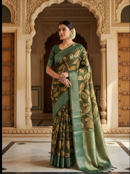 GREEN CRUSHED TISSUE SILK SAREE WITH KALAMKARI DIGITAL PRINT