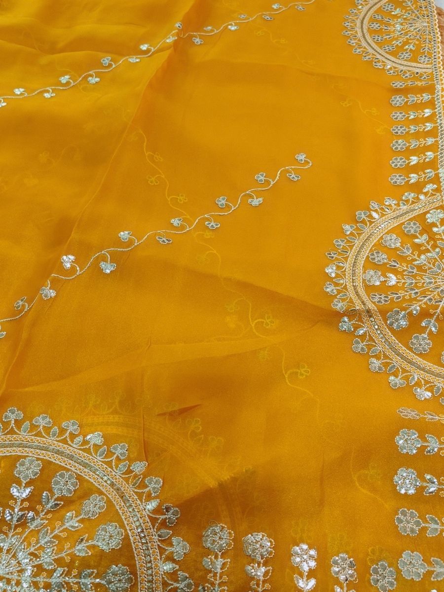 YELLOW TISSUE PITA WORK SAREE