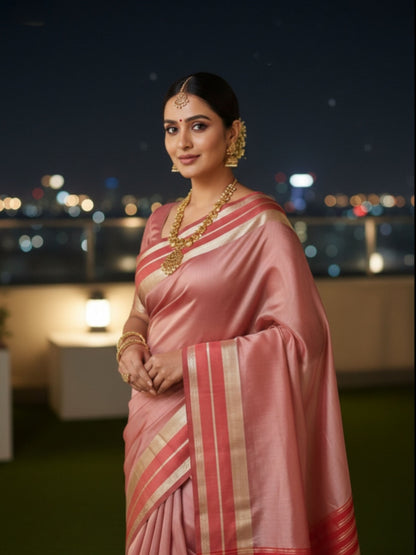 RED SEMI TISSUE SILK SAREE WITH GARHWAL BORDER