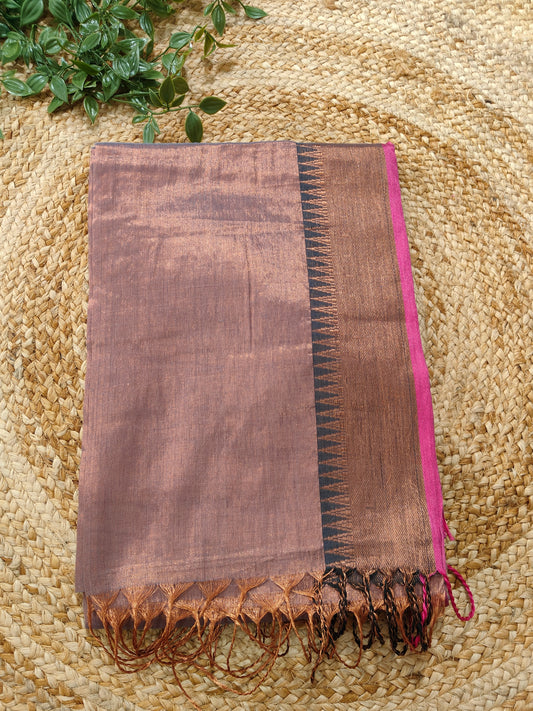 ROSE GOLD RAGA TISSUE LINEN SAREE WITH BORDER
