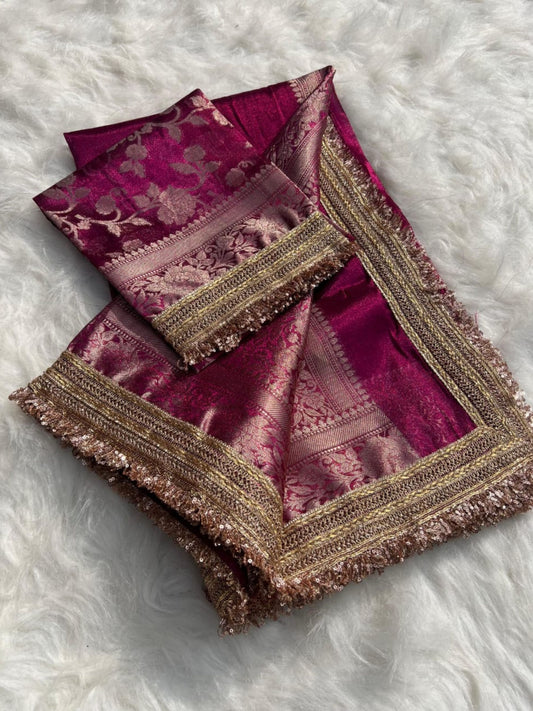 RANI PINK TISSUE KATHBAN SAREE WITH LACE BORDER