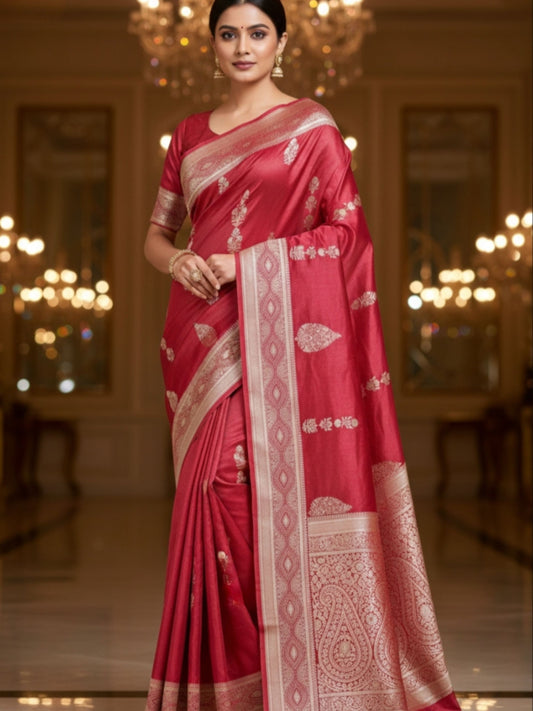 RED TISSUE SILK SAREE WITH FLOWER BUTTA MOTIF