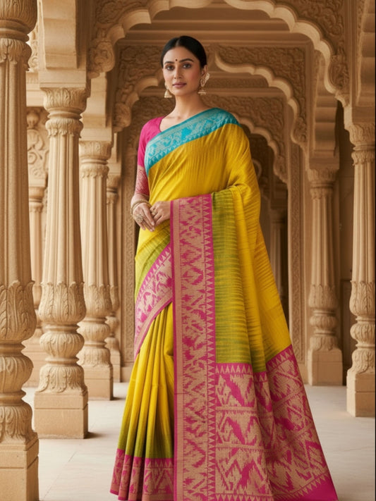 YELLOW COTTON LINEN COTTON SILK SAREE