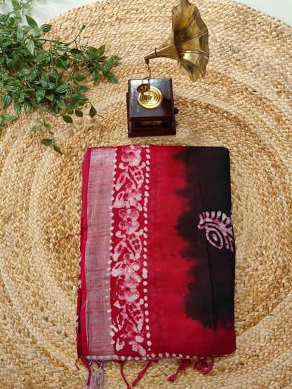 BLACK LINEN COTTON BATIK PRINT SAREE