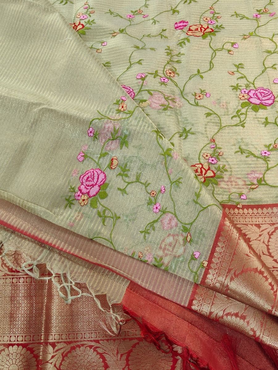 BEIGE KOTA SAREE WITH RED BORDER