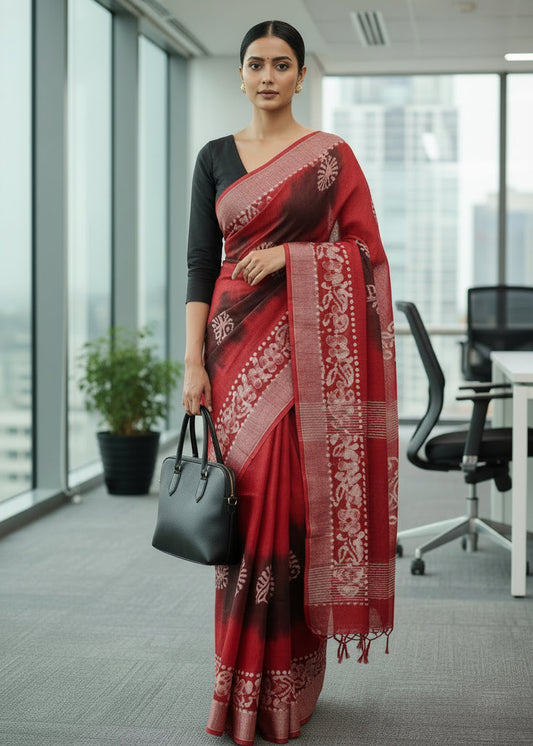 BLACK LINEN COTTON BATIK PRINT SAREE