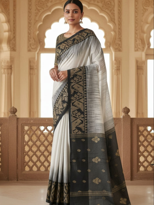 WHITE COTTON LINEN COTTON SAREE