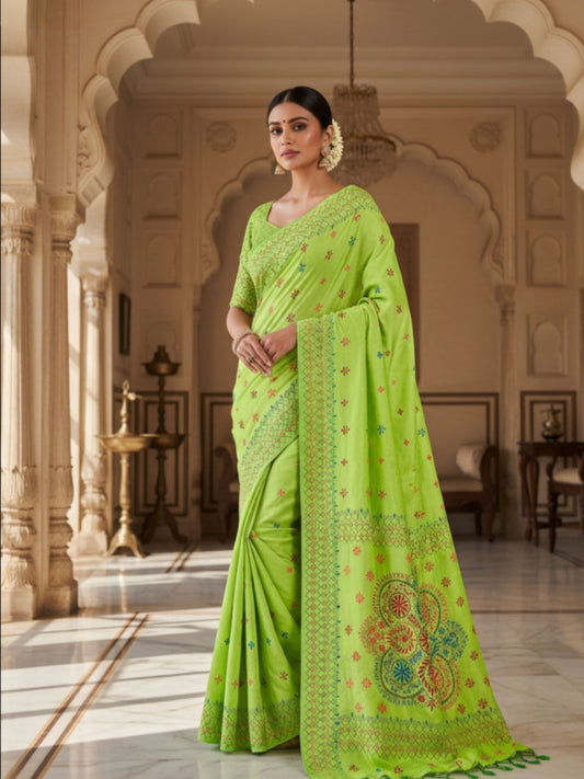 GREEN COTTON SILK SAREE WITH KANTHA STICH