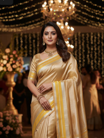 YELLOW SEMI TISSUE SILK SAREE WITH GARHWAL BORDER