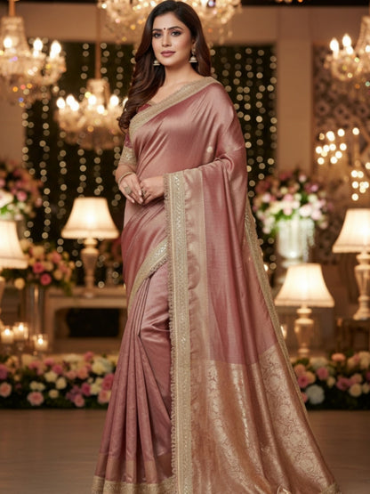 COFFEE BROWN TISSUE SAREE WITH LACE BORDER