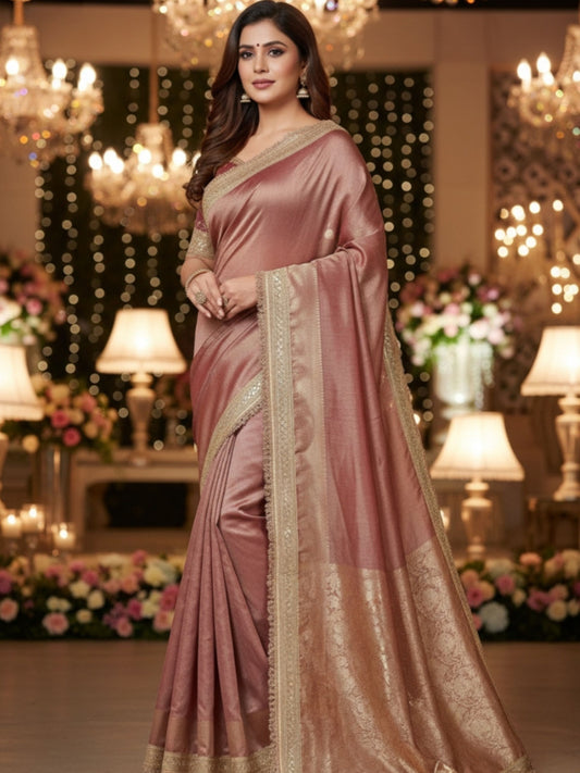 COFFEE BROWN TISSUE KATHBAN SAREE WITH LACE BORDER