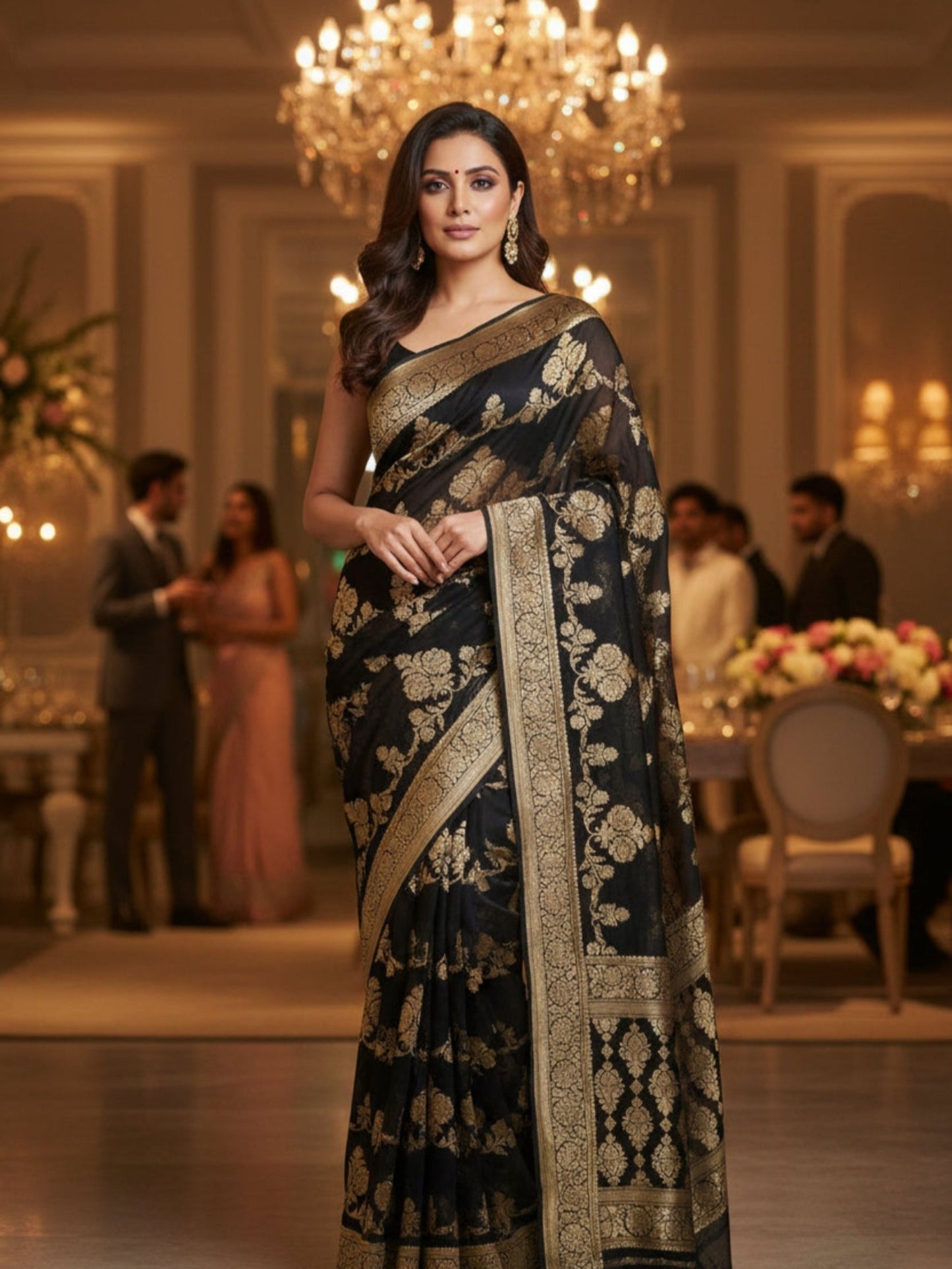 BLACK PURE GEORGEETE SARI WITH GOLD ZARI