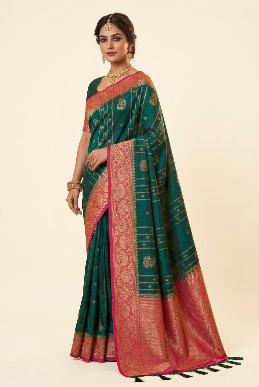 GREEN CREPE SILK SAREE WITH ZARI STRIPS