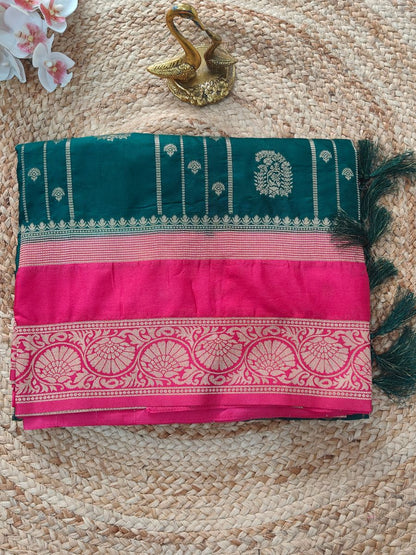 GREEN CREPE SILK SAREE WITH ZARI STRIPS
