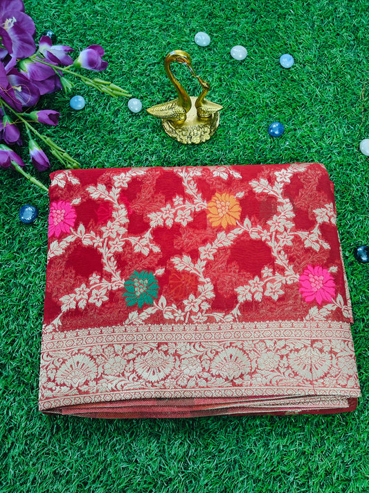 RED KHADDI GEORGETTE WITH MEENA ZARI JAAL