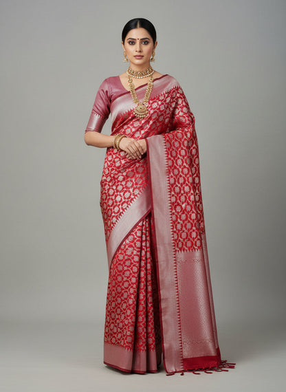 RED SOFT SILK SAREE WITH ZARI JAAL