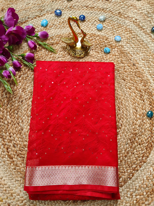RED ORGANZA SAREE WITH SEQUENCE EMBRIODERY