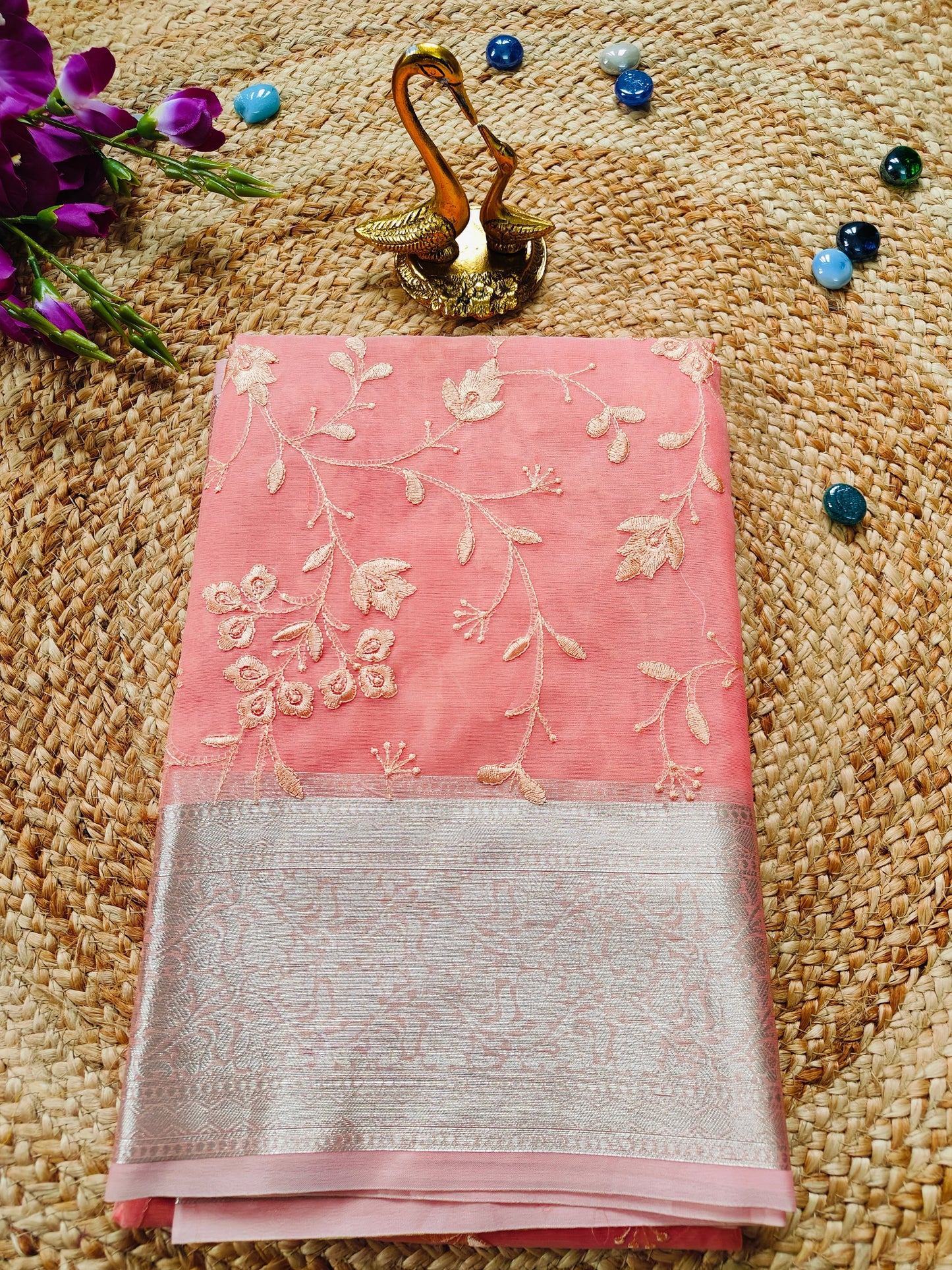 PEACH PINK SAREE WITH CHICKEN EMBRIODERY