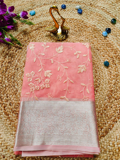 PEACH PINK SAREE WITH CHICKEN EMBRIODERY