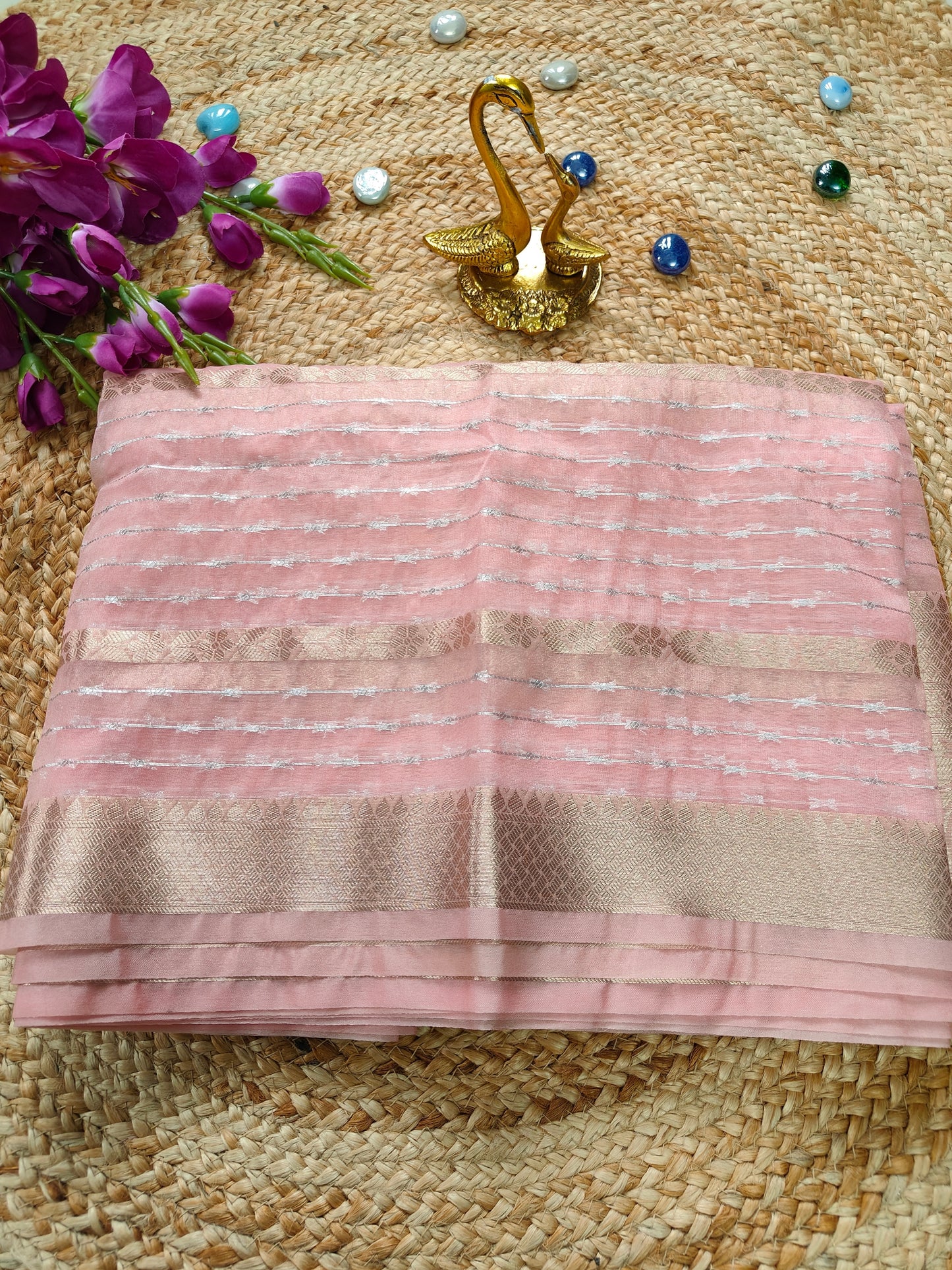 LIGHT PINK SOFT SILK SAREE WITH ZARI STRIPS