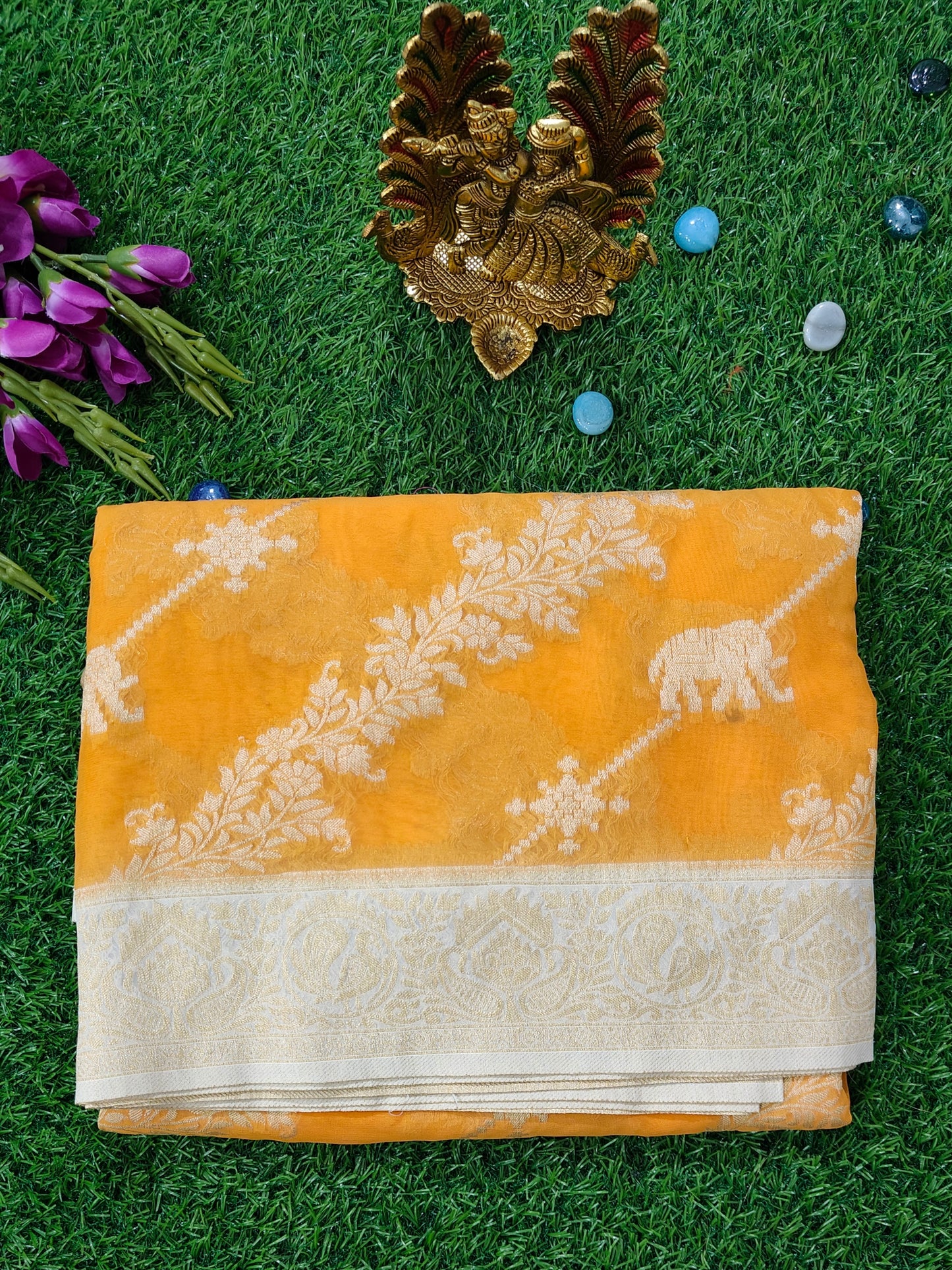 YELLOW KHADDI GEORGETTE SAREE WITH SHIKARGAH MOTIF