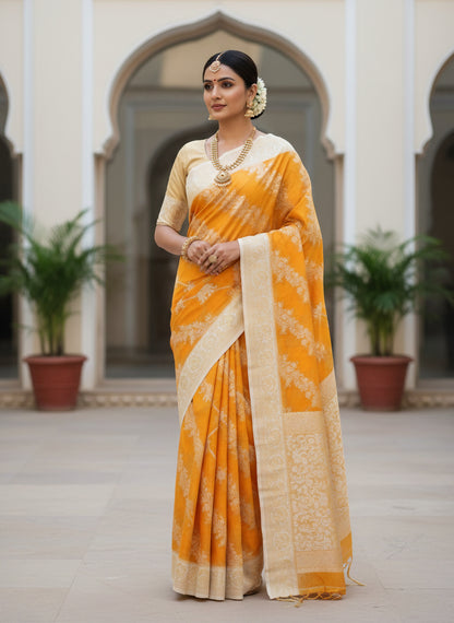 YELLOW PURE GEORGETTE SAREE WITH SHIKARGAH MOTIF