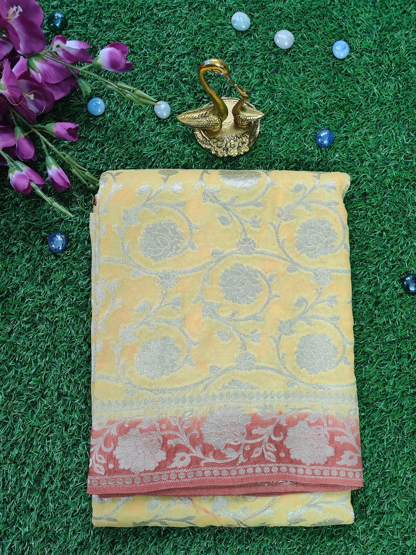 YELLOW KHADDI GEORGETTE SAREE WITH ZARI JAAL