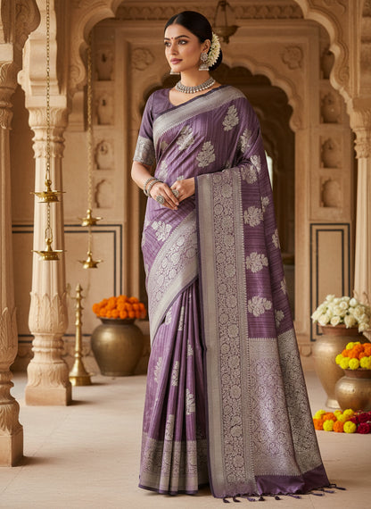 PURPLE SEMI TUSSER SILK SAREE WITH DIGITAL PRINT