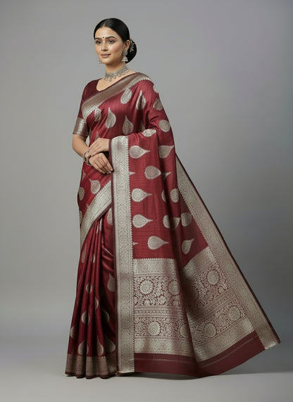 MAROON SEMI TUSSAR SILK SAREE