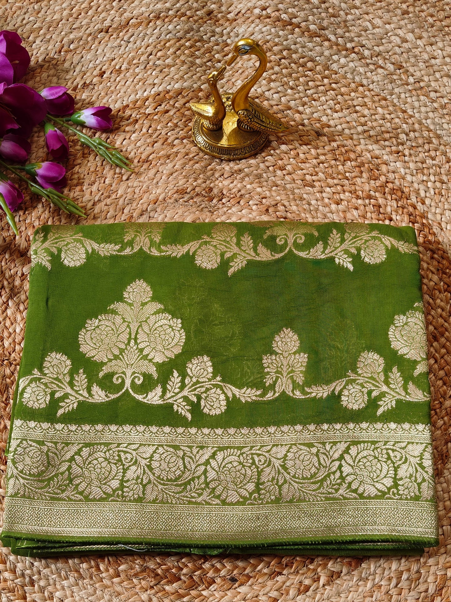 GREEN KHADDI GEORGETTE SAREE WITH ZARI JAAL