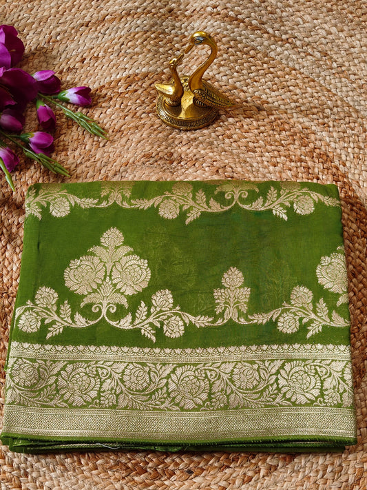 GREEN KHADDI GEORGETTE SAREE WITH ZARI JAAL