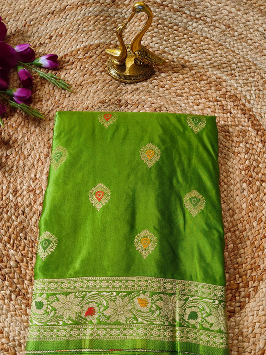 GREEN GAJJI KATAN SILK SAREE WITH PAAN BUTTA