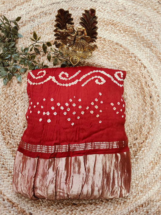 RED GAJJI SILK WITH HANDMADE BANDHNI  PRINT