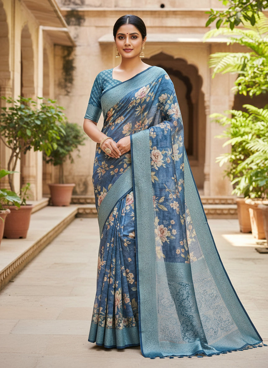 GREY BLUE CRUSHED TISSUE DIGITAL PRINT SAREE