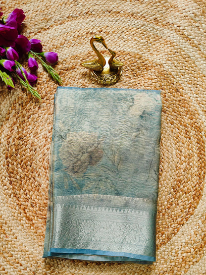 POWDER BLUE CRUSHED TISSUE SILK SAREE WITH DIGITAL PRINT