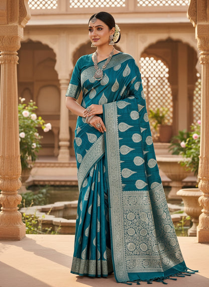 NAVY BLUE SEMI TUSSAR SILK SAREE