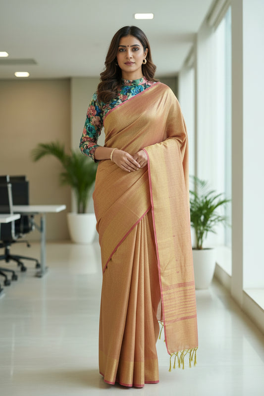 GOLD RAGA TISSUE  LINEN SAREE