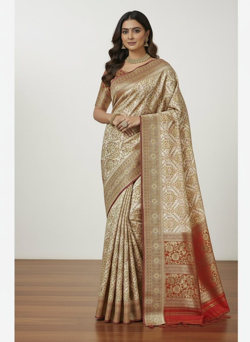 CREAM JAMAWAR KATAN SILK SAREE