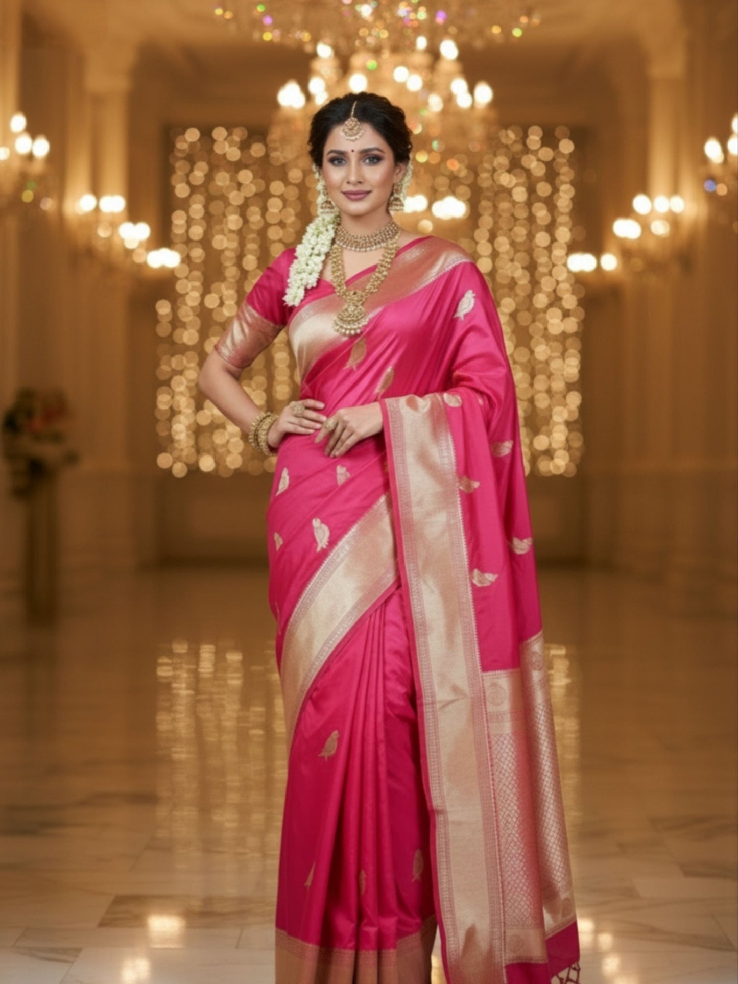 PINK CRAPE SHIFFON WITH BIRD MOTIF