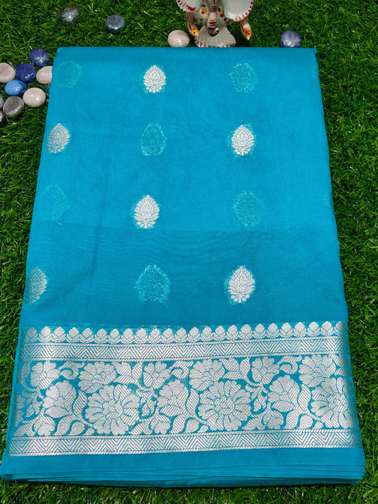 SKY BLUE SEMI GEORGETTE SHIFFON SAREE WITH WATER ZARI