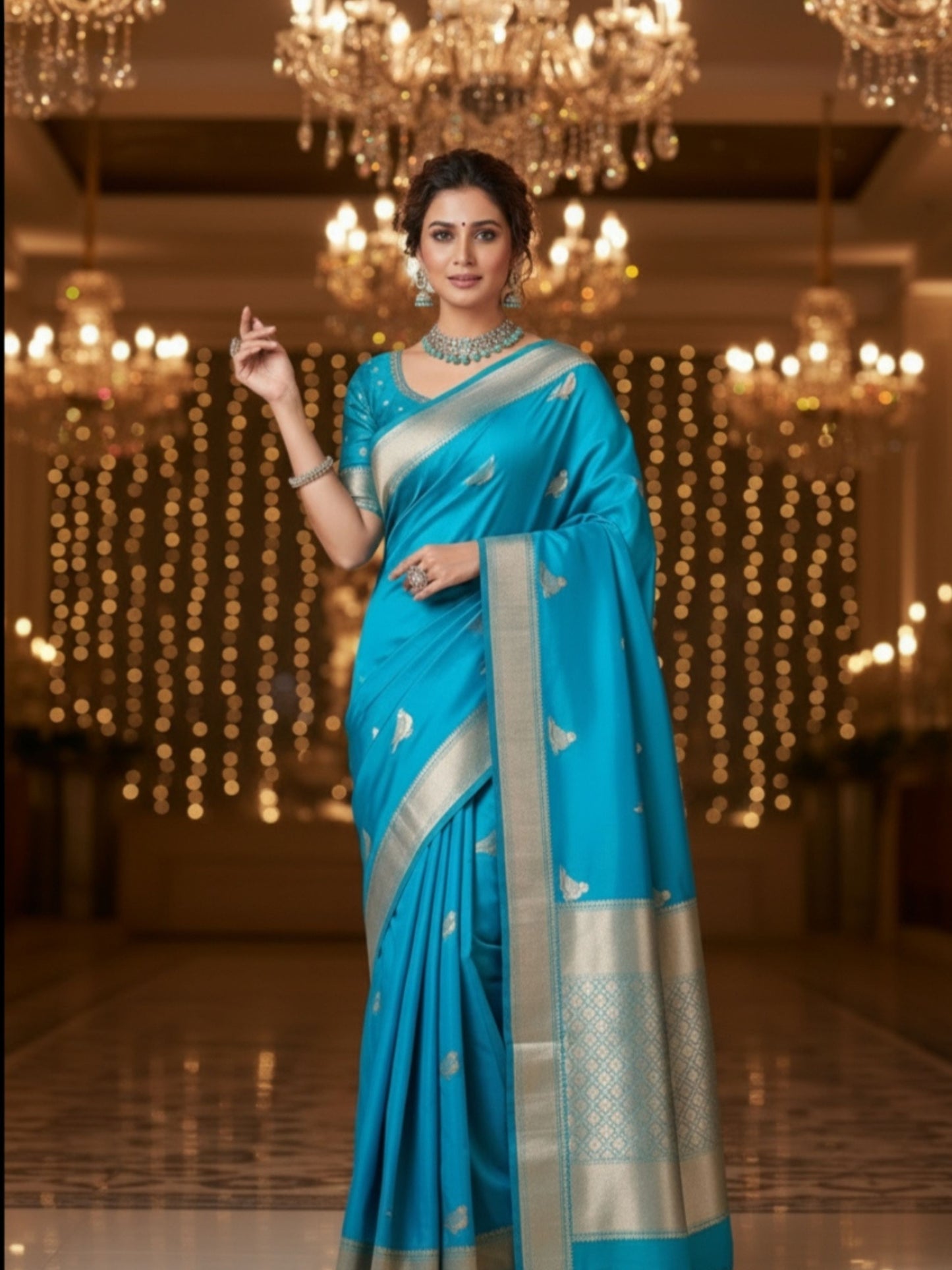 SKY BLUE CRAPE SILK SAREE WITH BIRD MOTIF