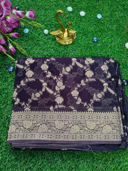 NAVY BLUE PURE GEORGEETE SAREE WITH ZARI JAAL