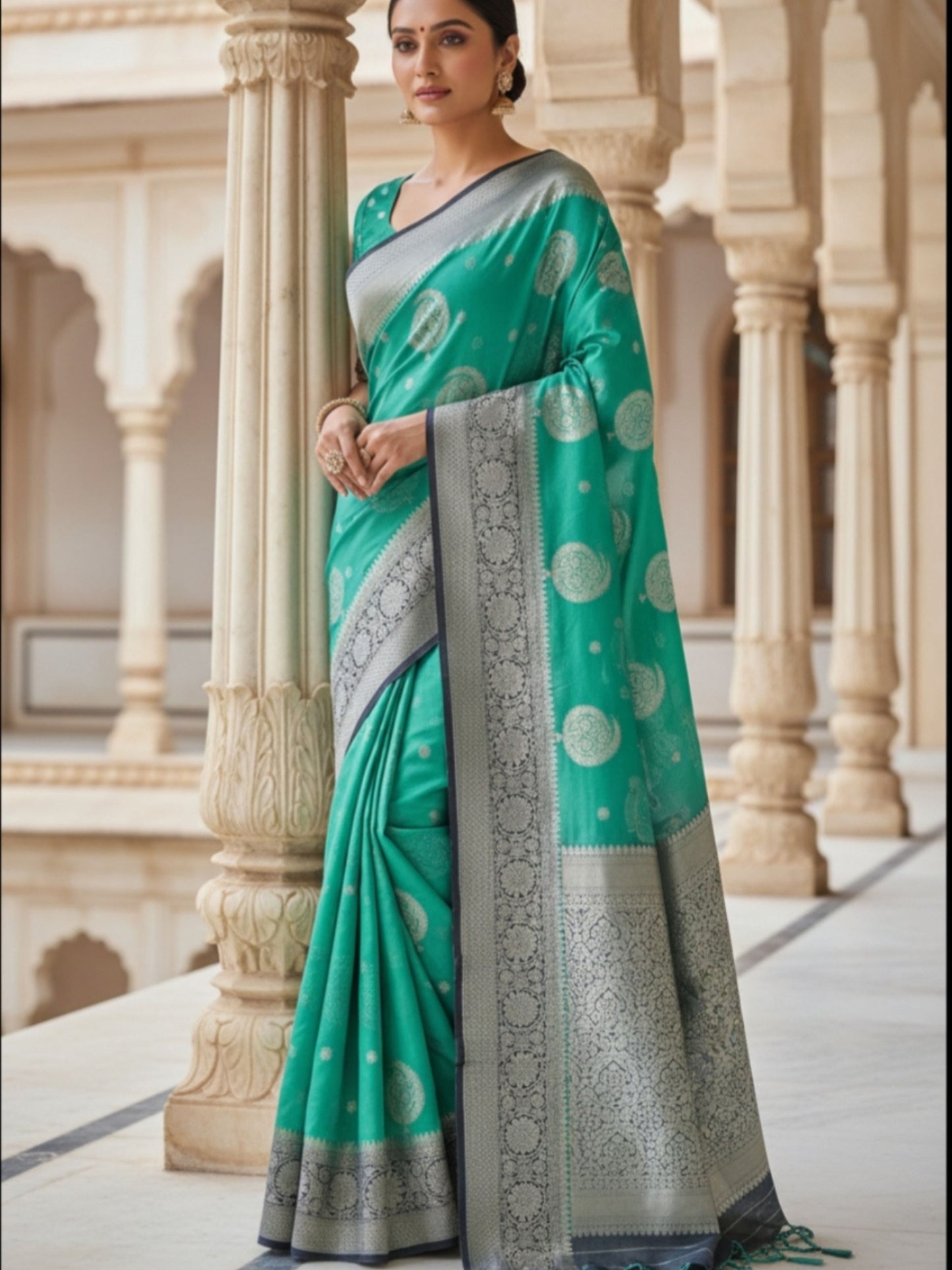 LIGHT GREEN SEMI GEORGETTE SAREE WITH SILVER BUTTA
