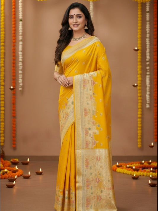 YELLOW WARM SILK BANARASI GHAT SAREE