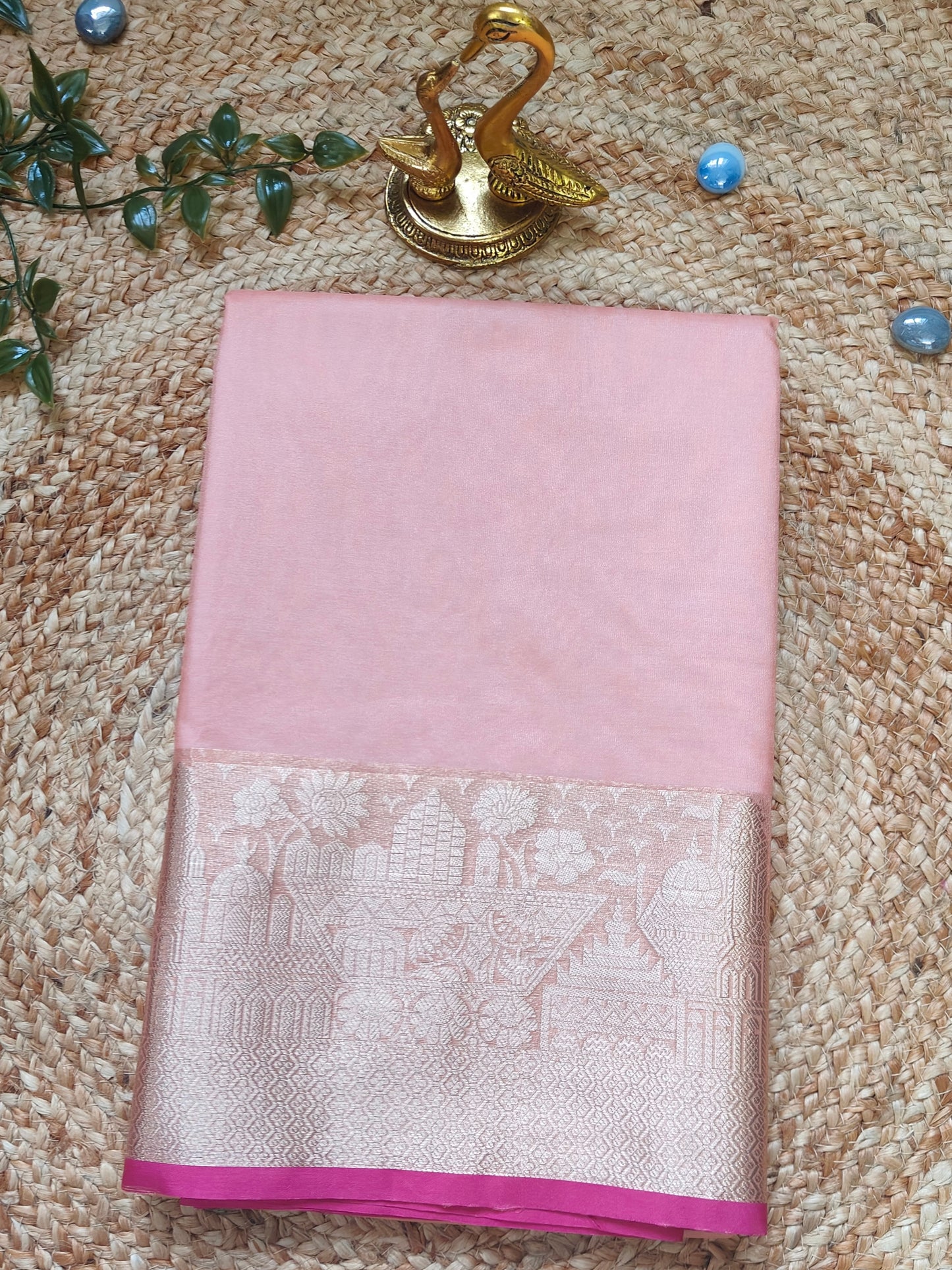 PEACH ORGANZA SILK SAREE WITH ZARI WEAVED TEMPLE BORDER