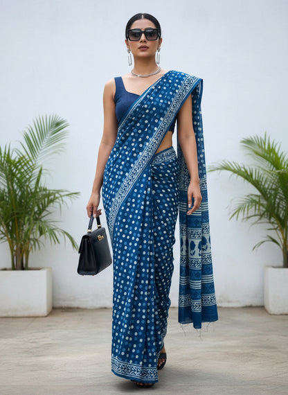 INDIGO BAGRU BOOTA PRINT COTTON SAREE