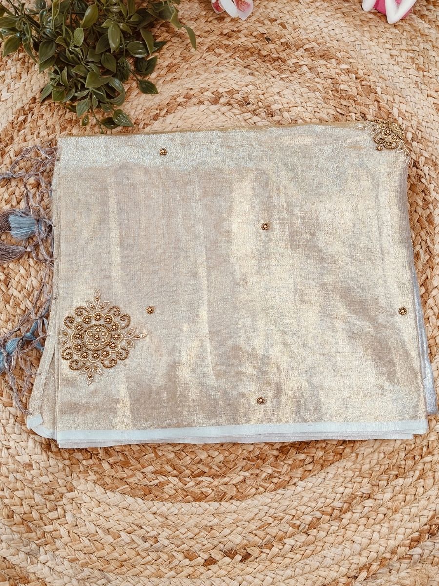 SUNEHRI LINEN TISSUE SILK SAREE WITH  ZARI BOOTA