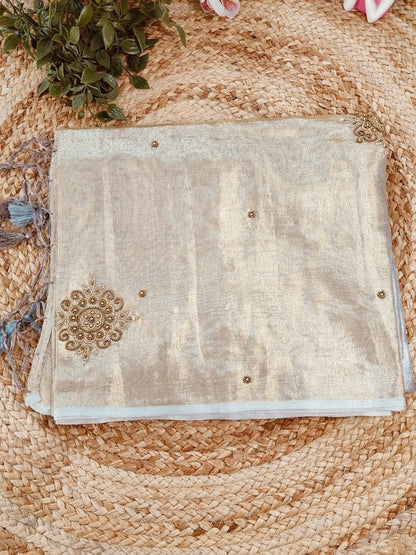 SUNEHRI LINEN TISSUE SILK SAREE WITH  ZARI BOOTA